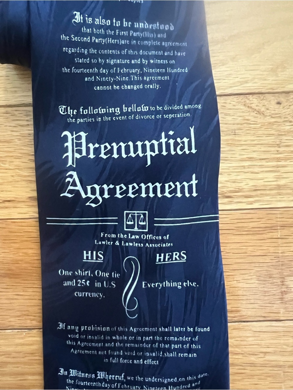 Navy Printed Novelty Tie - Prenuptial Agreement Design
